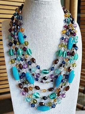 Lia Sophia Smooth Glass Beaded Pewter Hardware 5 Strand Multi Color Necklace